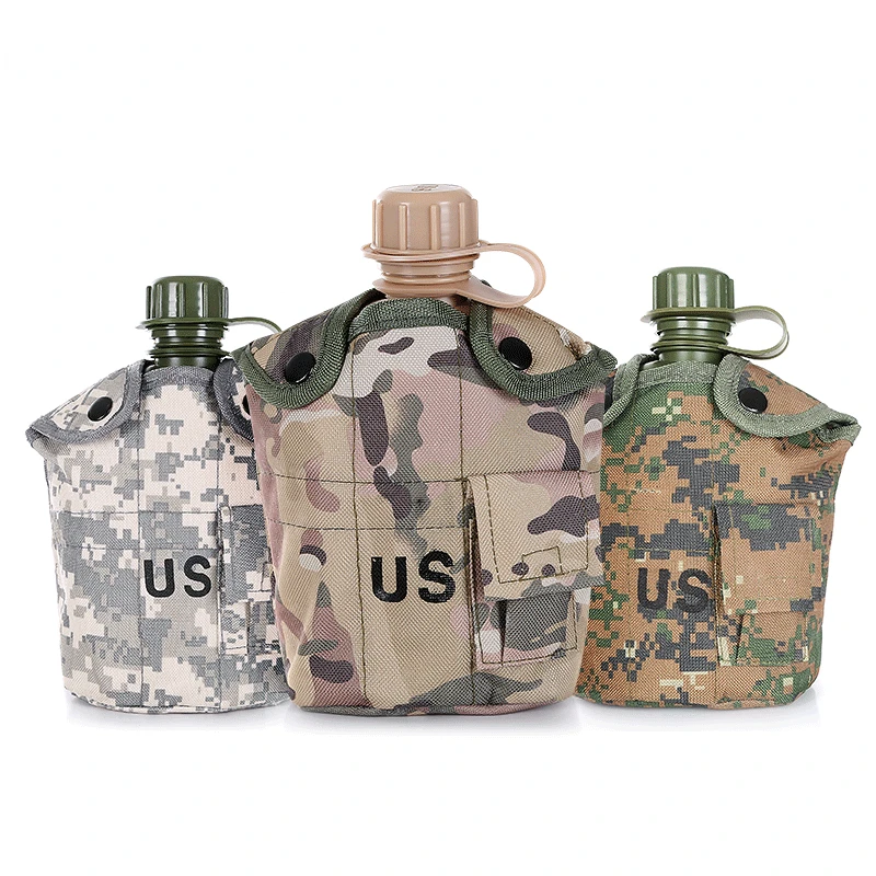 1L Camping Water Bottle Stainless SteelMilitary Camouflage Pouch Aluminum Alloy Water Bottle Cup Hiking Climbing Accessories