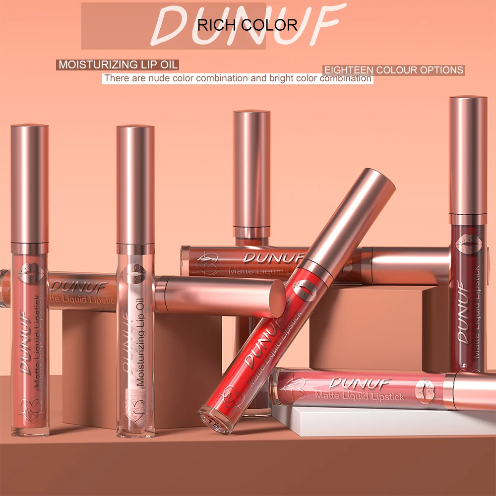 DUNUF Lip Gloss And Lip Oil Set 2-Piece Long-Lasting Waterproof Matte Moisturizing Non-Fading Lipstick Collection