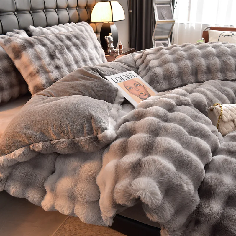 Luxury Rabbit Hair Plush 4PC Bedding Set Ultra Soft Skin-Friendly Flannel Super Warm & Cozy Thick Winter Duvet Cover & Sheet Set