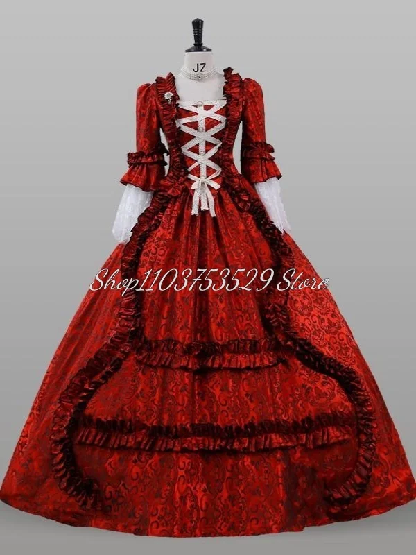 Burgundy Victorian Prom Dress Gothic Vintage Marie Antoinette Cubic Floral Mardi Gras Gowns Pleated A-Line Laced Theatre Gowns