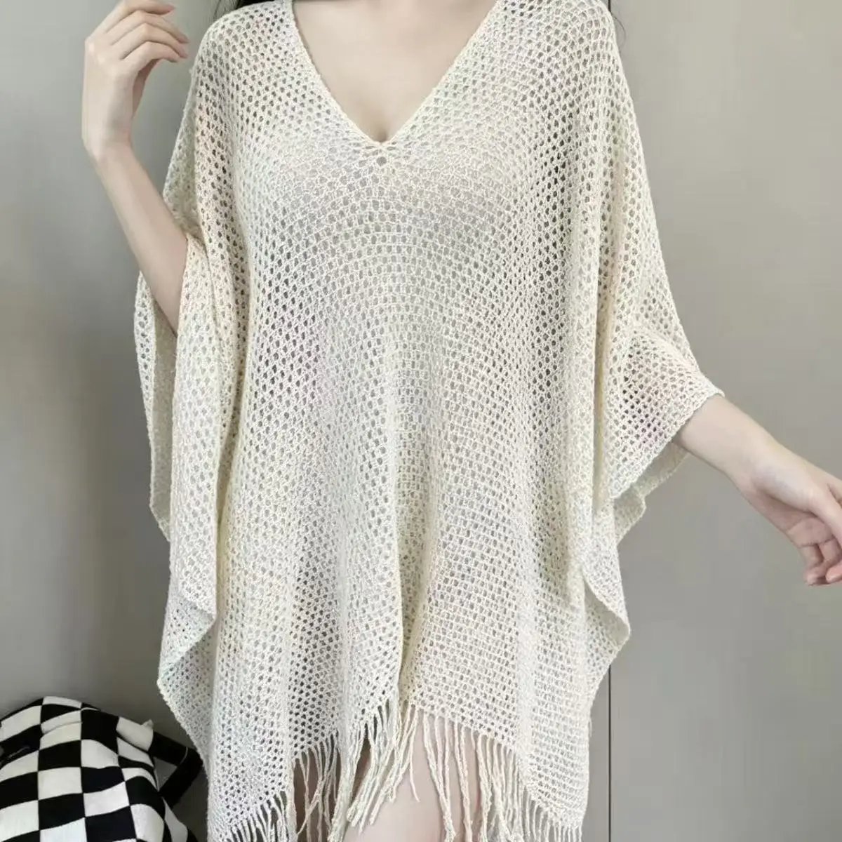 Elegant Lazy Shawl Women's Summer Beach Vacation Hollow Overall Smock Vintage Bat Shawl Tops