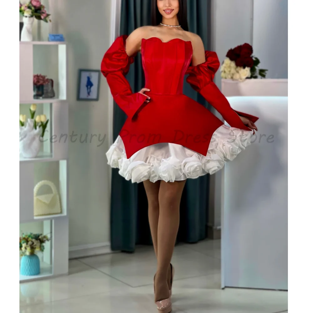 

Strapless Mini Dress with Satin Corset Detachable Puff Sleeves 3D Rose Ruffle Skirt Formal Party Gown