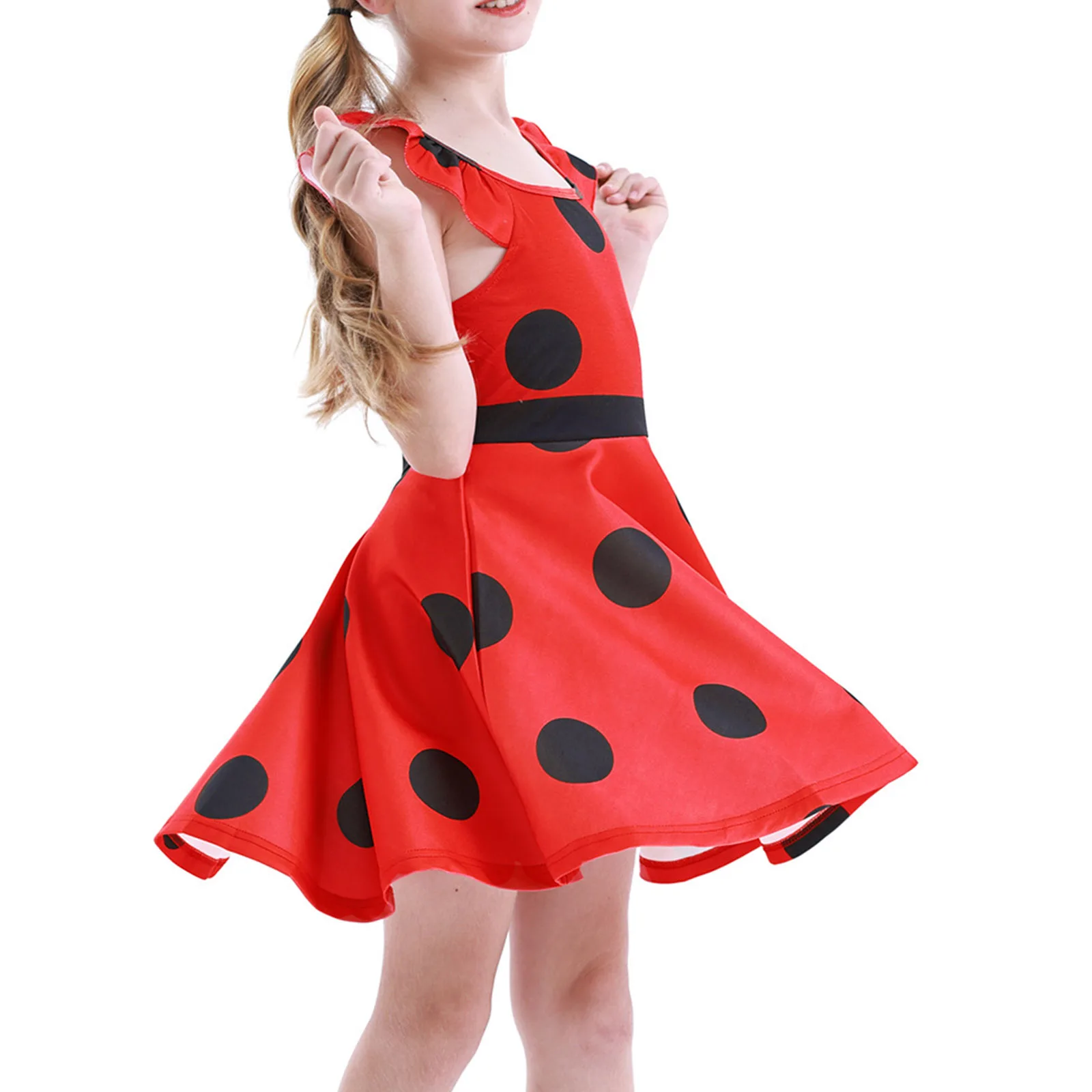 Halloween Kids Girls Cartoon Ladybug Dress Cosplay Costumes Straps Sleeveless Polka Dots Print High Waist A-line Short Dresses