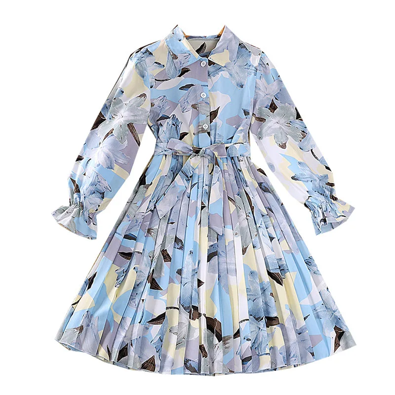 Blue Floral Kids Dresses For Teenage Girls 2024 Spring Children Long Sleeve Turn Down Collar Pleated School Dress Teen Clothes 9