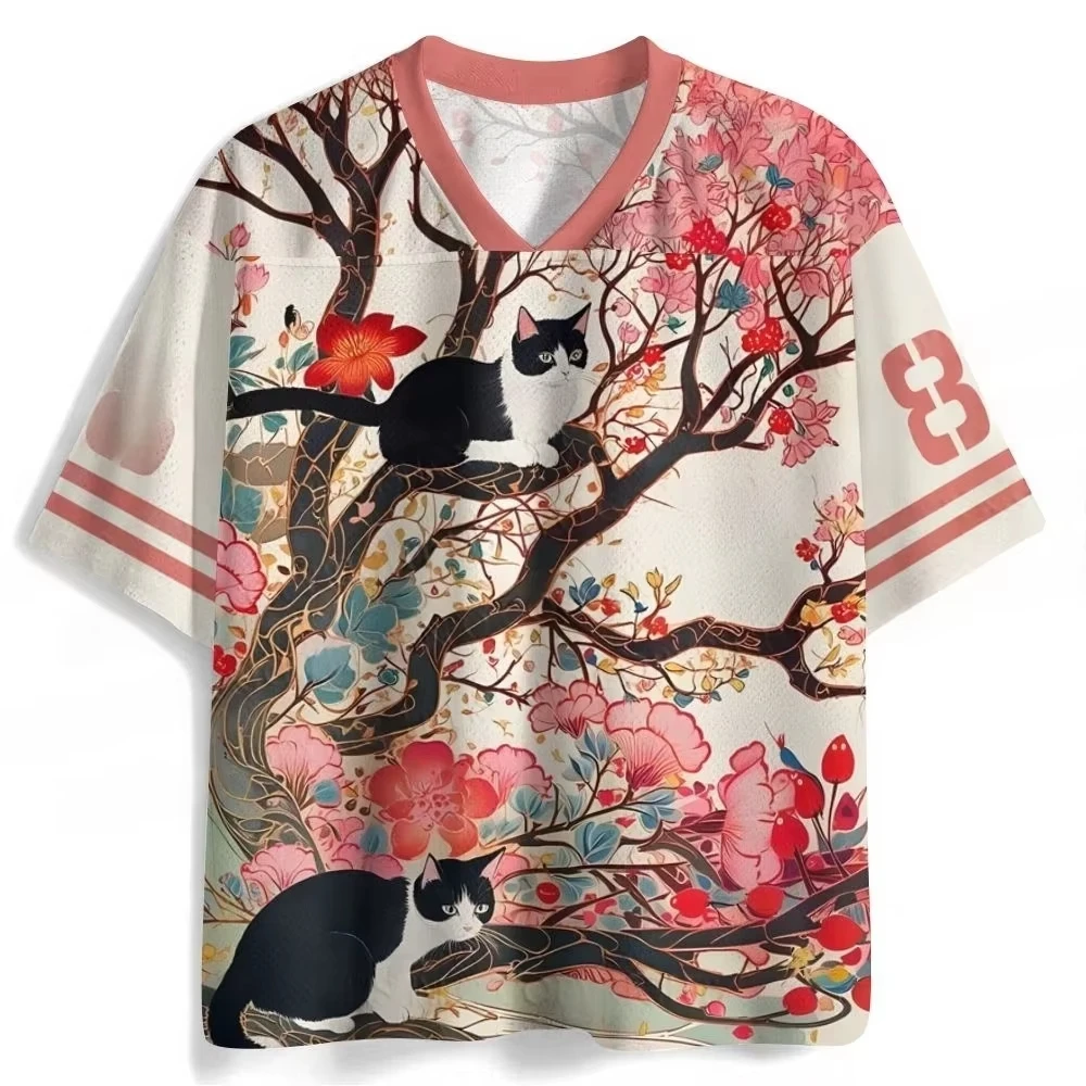 Black White Cat Cherry Blossom Tree Print V‑Neck Jersey Unisex Aesthetic Harajuku Streetwear Short Sleeve Casual Sports Tee Top
