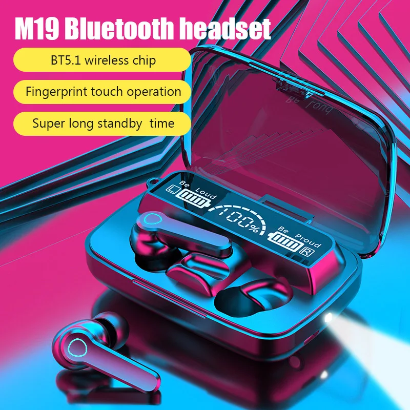 M19 Bluetooth Wireless Headset 5.1 Bluetooth Earphones IPX5 Waterproof Headsets with Mic HiFi Stereo Music Earbuds for All Phone