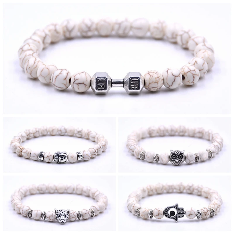 12 Style Bracelet Men White Turquoises Beaded Wristband Elastic Barcelets for Women Men Natural Stone Dumbbell Charm Bracelets