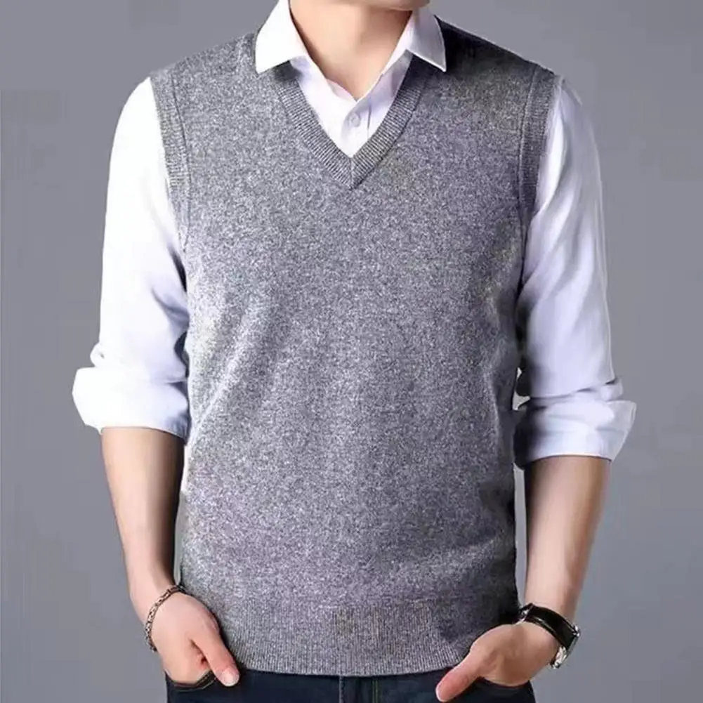 Solid Color Men Vest Versatile Mid-aged Men\'s Knitted Sweater Vest Solid Color V-neck Pullover with Ribbed Cuffs for Spring