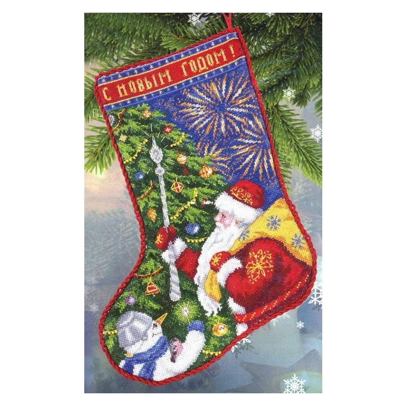 Amishop Kreuzstich-Sets aus gezähltem Segeltuch, Weihnachtsmann-Strumpf, Weihnachten, Neujahr, Schneemann, Stickerei, Panna PR-1516