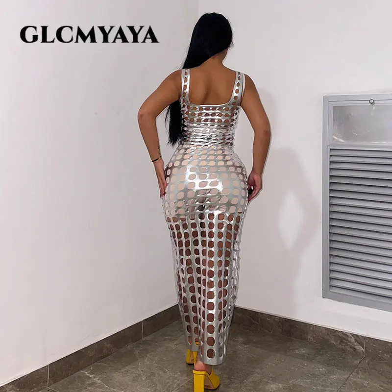 GLCMYAYA Faux Leather Women Cutout Hollow Out Sleeveless Bodycon Midi Dress Maxi 2023 Chic Party Club Even Prom Dresses Vestidos