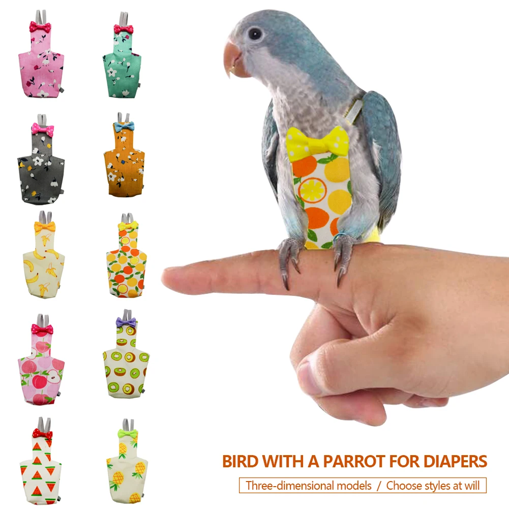 

Parrot Diaper with Bowtie Cute Colorful Fruit Floral Cockatiel Pigeons Small Medium Large Pet Birds Flight Suit Clothes Washable