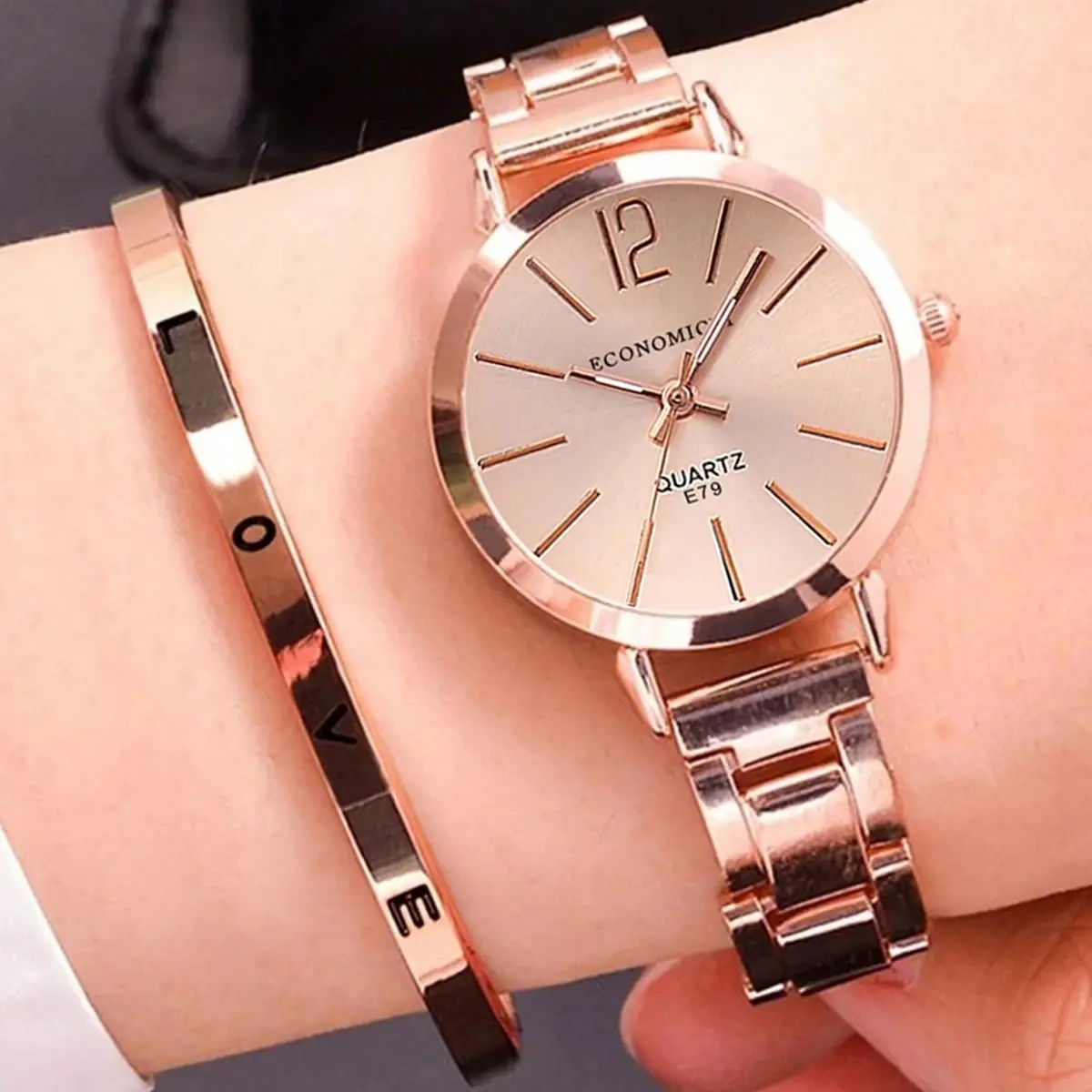 2pcs Set Watch Luxury Women Simple Dial Hollow Strap Fashion Gold Bracelet Quartz Wristwatch Student Ladies Watches Reloj Mujer