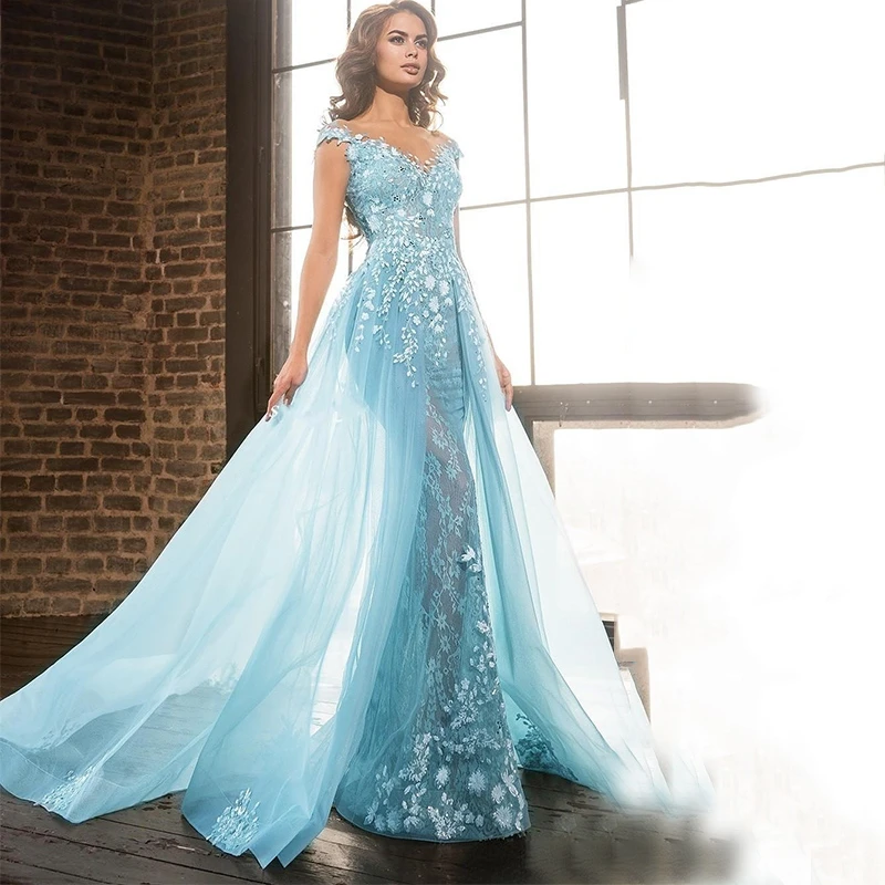 Luxury Blue V-neck Mermaid Prom Dress Appliques Sleeveless Detachable Train  Engagement Wedding Party Gown Robe De Mariée