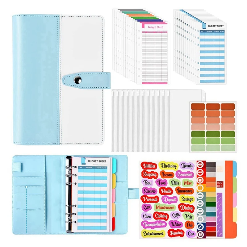 Top-Budget Binder A6 PU Ring Binder Notebook With Clear Cash Envelopes,Cash Organizer Money Saving Wallets For Travel