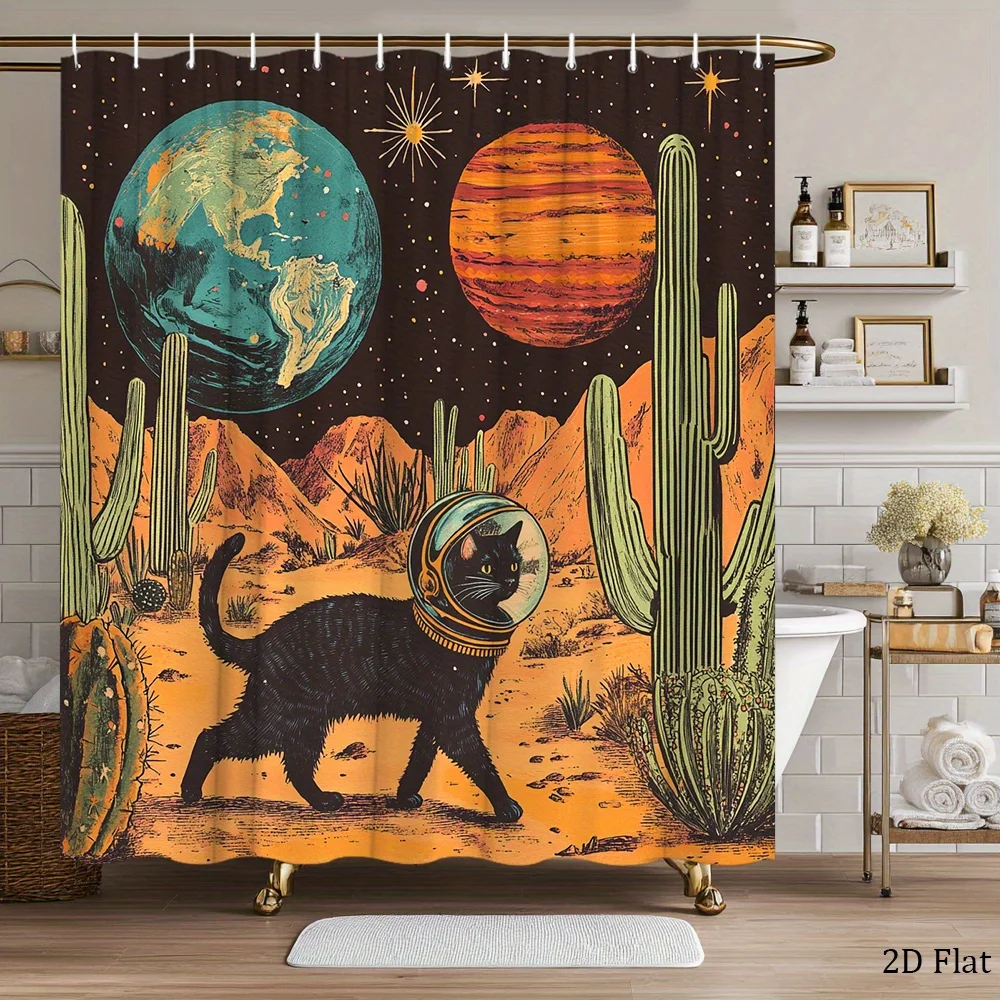 

Ретро-шторка для душа с изображением космического кота-астронавта на пустынной планете, выполненная в красочном стиле 60-х годов. Изготовлено из полиэстера.