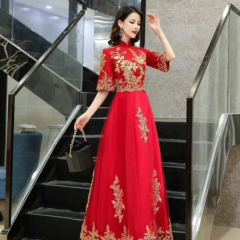 

Red Party Evening Long Cheongsam Retro Slim Dress Marriage Gown Chinese Style Wedding Qipao Lady Clothes kimono robe Formal Gown