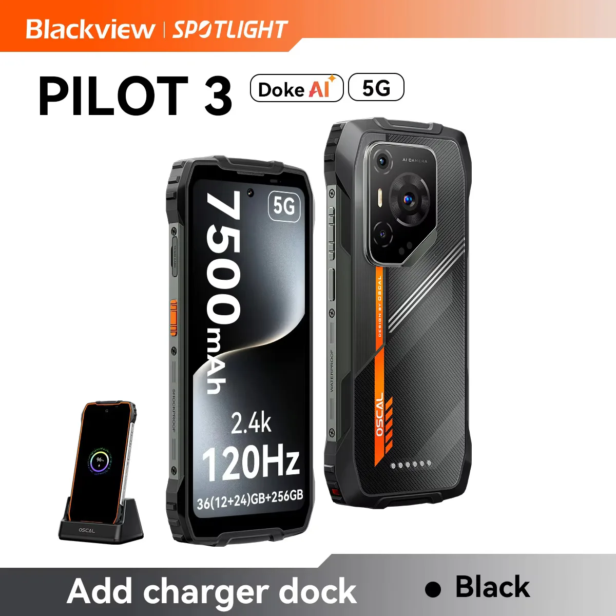 Blackview OSCAL PILOT 3 5G mobiele telefoons AI robuuste smartphone MTK 6300, 6.78 inch 2.4K scherm 120Hz, 12GB 256GB, 7500mAh telefoons