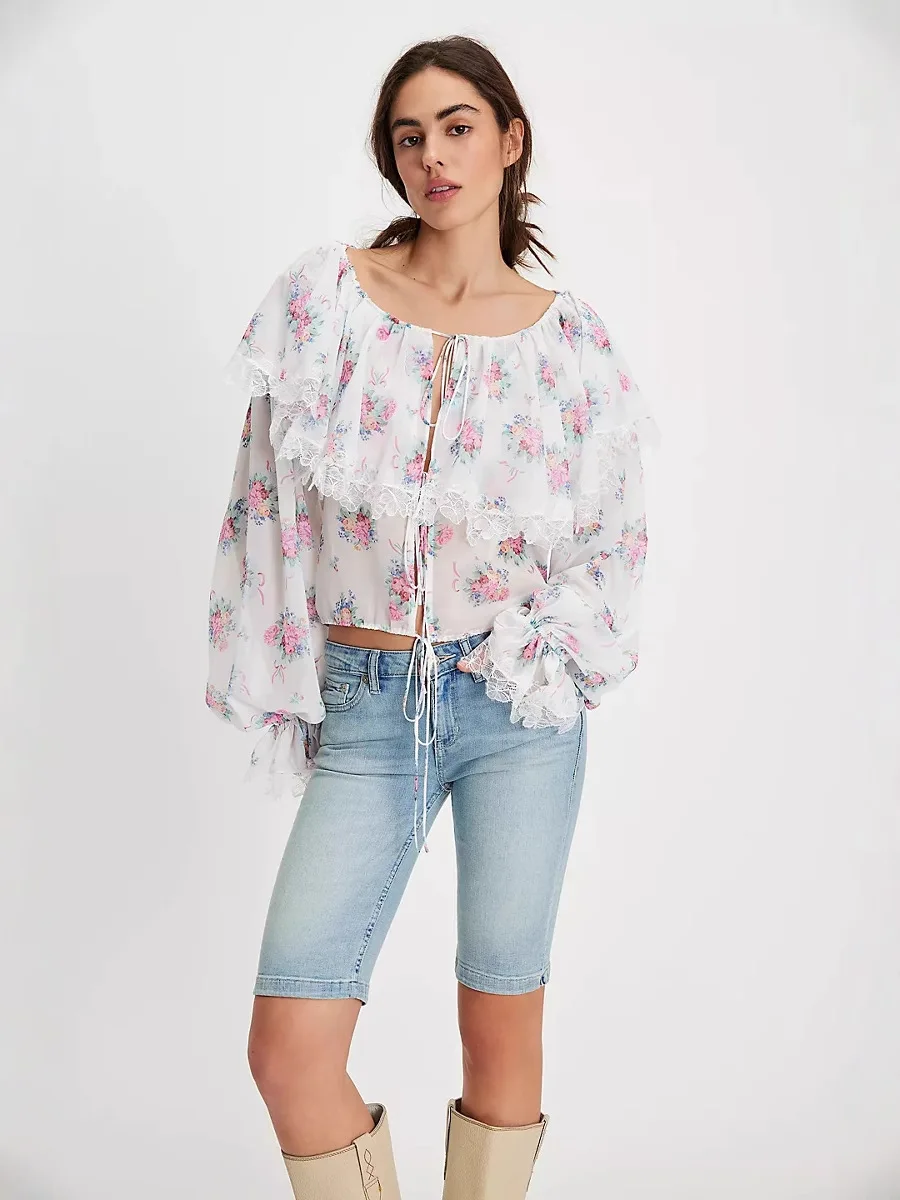 2025 New Women‘s Print Shirt, Casual Oversize Loose Style, Floral Lace Chiffon Blouse