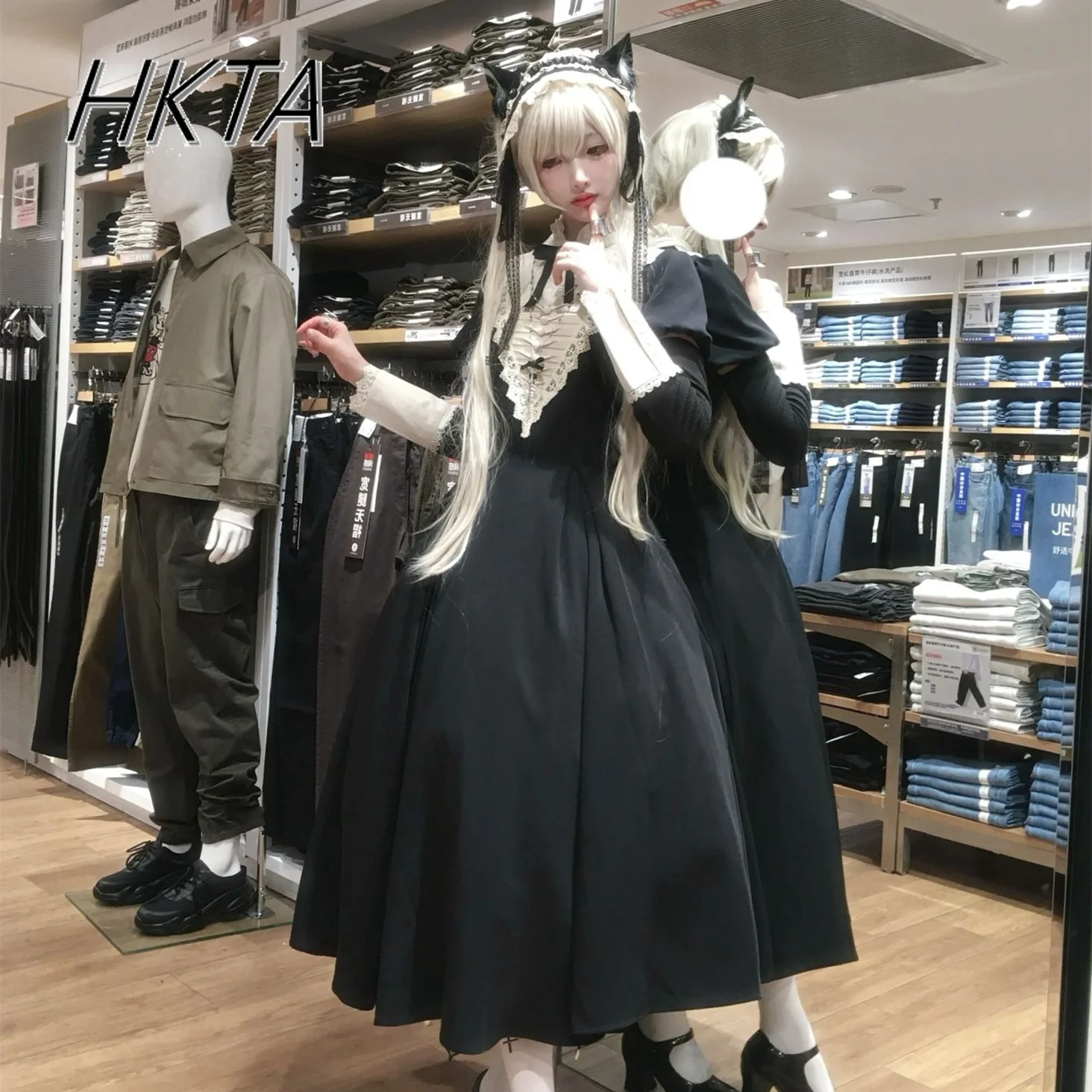 Lolita Grembiule staccabile Manica lunga Pizzo A Line Bow Abiti lunghi Donna Primavera Dolce e carino Cospiay Costume Maxi Abiti Ragazze