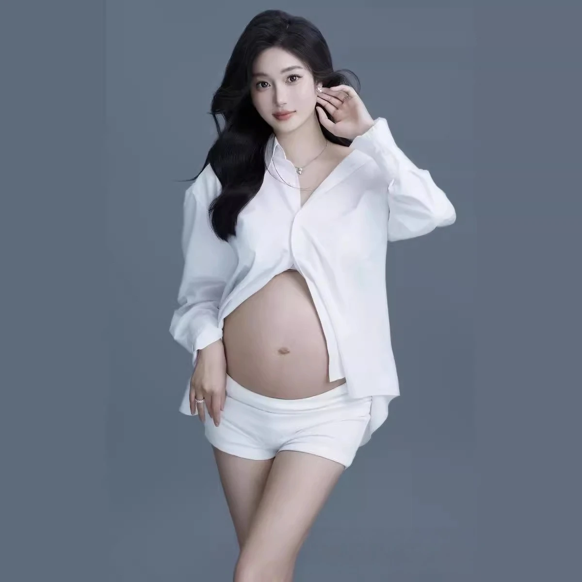 Maternity Photo Shoot Dresses for Studio White T-shirt with Shorts 2pcs Elegant Pure Clothing for Pregnant Women Photography