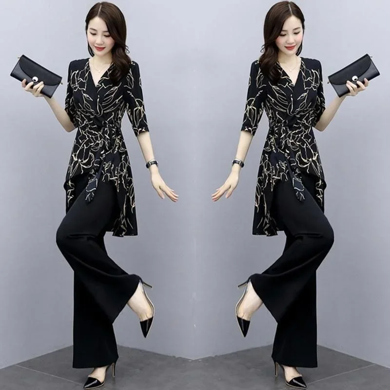 Women Two Piece Sets New Spring Summer Chiffon Print Top High Waist Wide Leg Pants Casual Fashion Suit Female Plus Size Clothing