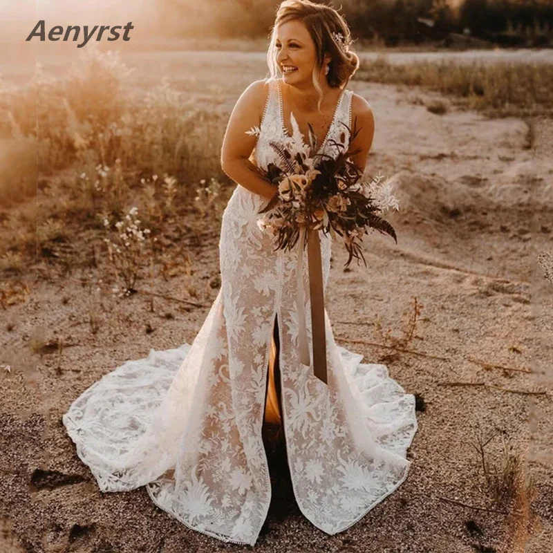 Aenyrst bridal wear BOHOV collar lace Appliques bridal wedding dresses slit fishtail skirt backless wedding dress 2024