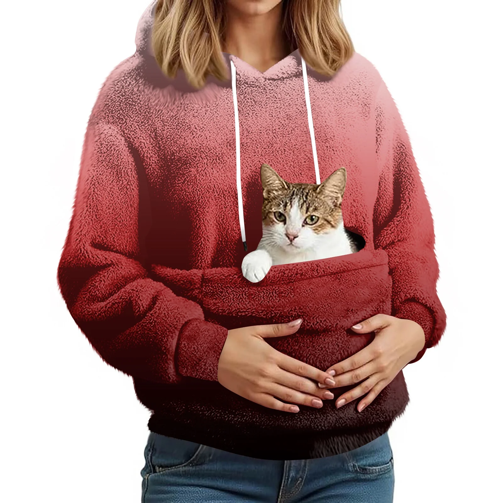 女性のファッショナブルなカジュアルフリース裏地付き長袖ポケット付きフード付きプリントスウェットシャツ女性服冬服女性