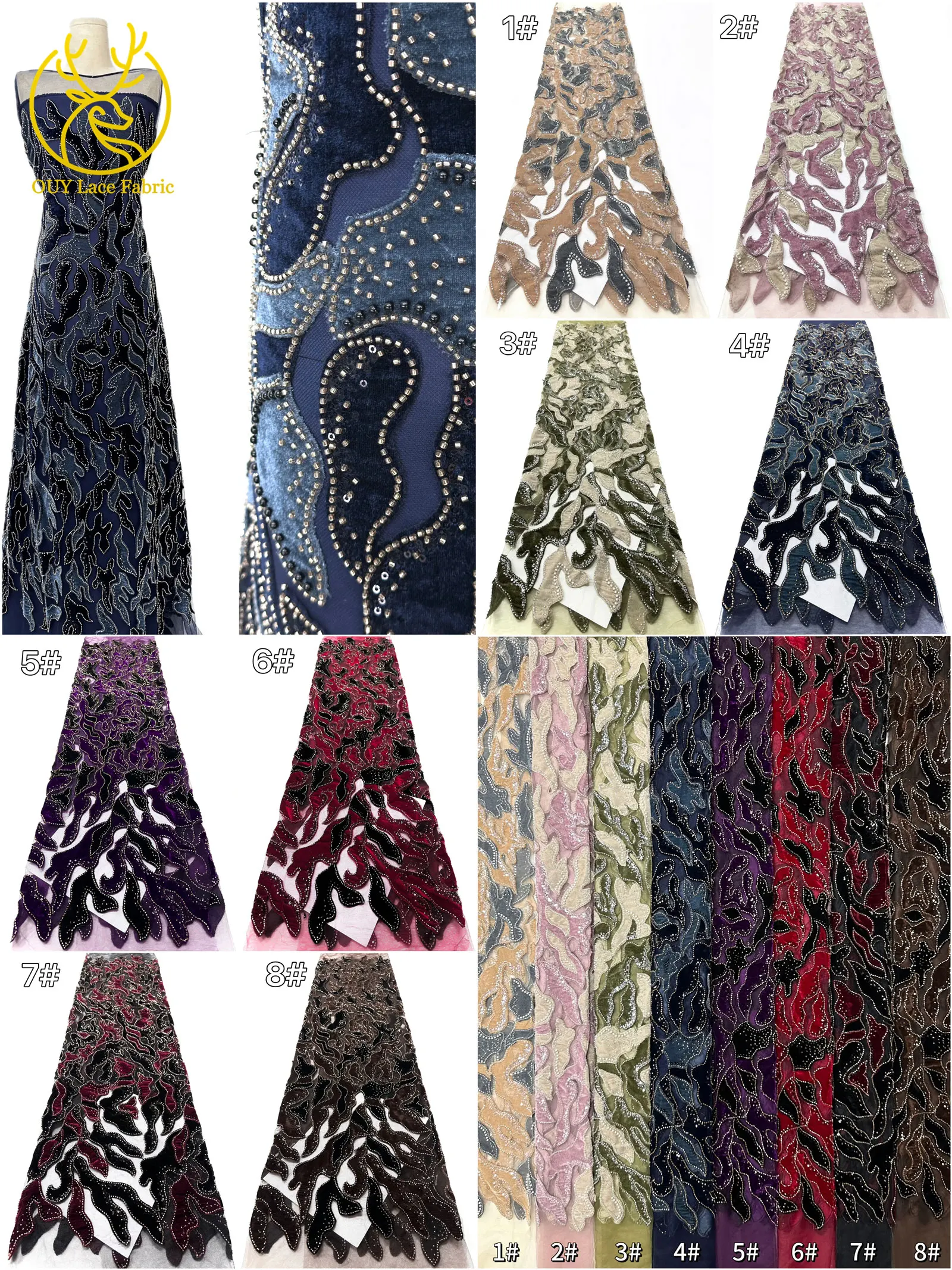 Roter Samtstoff mit Perlen und Pailletten, Spitzenstoff 2026, eleganter bestickter Tüllstoff für Bräutigam, französisches Hochzeitskleid, Abendkleid, zum Nähen, 5 Yards – Detail 2