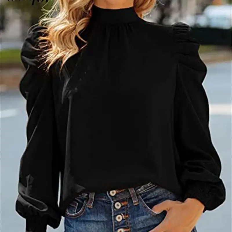 Wedifor High Neck Loose Casual Blouse Shirt Green Puff Sleeve Solid Color Elegant Women Tops New Style Autumn Winter Shirts