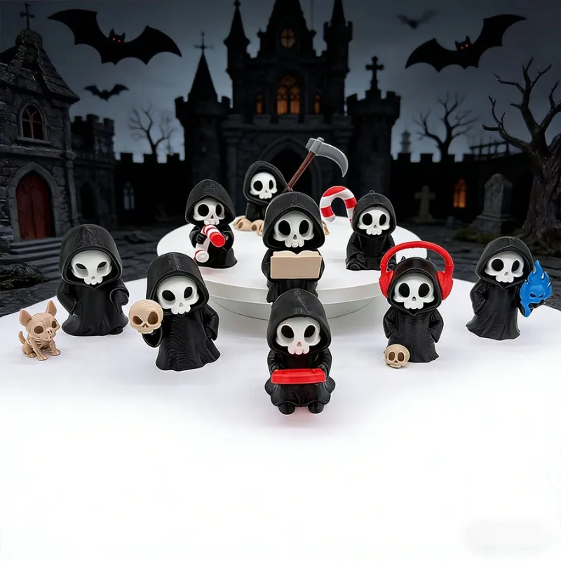 Halloween Grim Reaper Figurine, Cute Skeleton Statue, Gothic Desk Decor, Spooky Small Halloween Ornament, for Halloween Gift