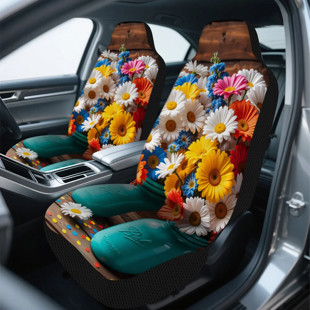 2pcs Universal Car Seat Covers, Rustic Daisy Bouquet Print, Durable Polyester Woven, Soft And Comfortable, Machine Washable, Eas