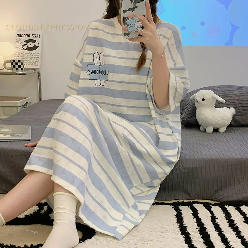 Summer Knitted Cotton Jacquard Kawaii Girls Striped Sleep Dress Women Nightgowns Nighttie Sleepshirts Lady Dresses Home Fashion