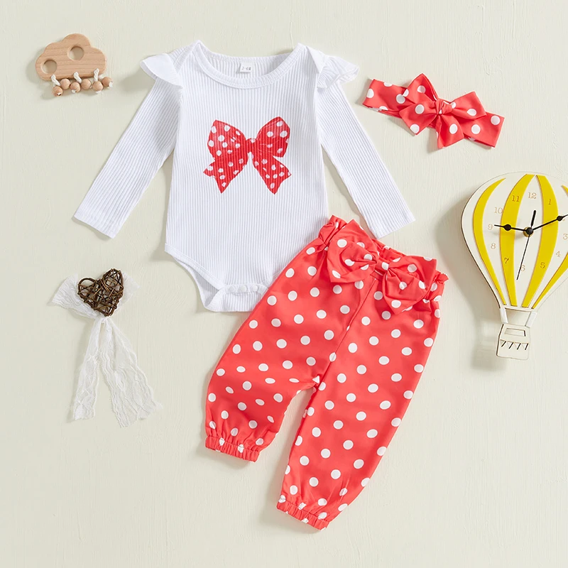 3-teiliges Set für Baby-Mädchen, Herbst-Outfits, Schleife, langärmlig, Strampler mit Punktmuster, Hose und Schleifen-Stirnband