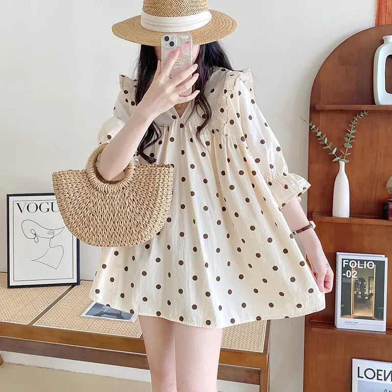 Korean Minimalist Commute Summer New Shirts V-neck Patchwork Polka Dot Printed Ruffles Mid-length Half Sleeve Women\'s Blouses