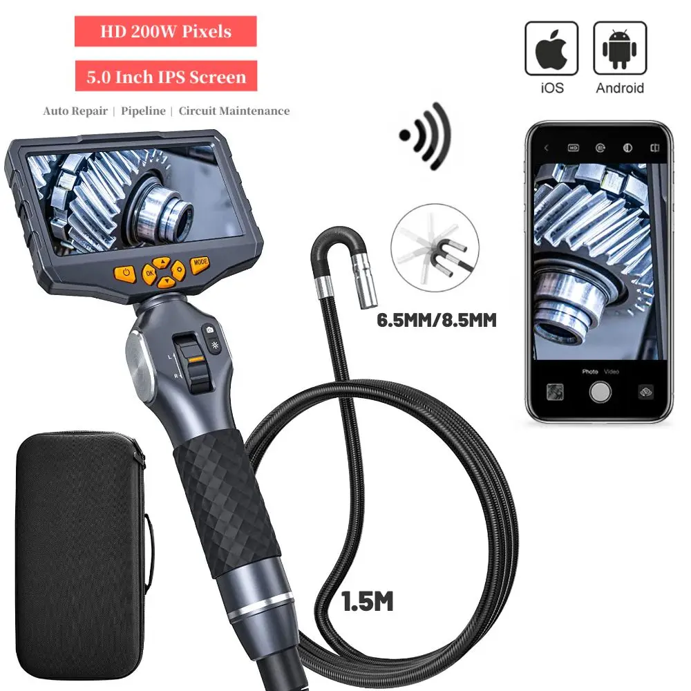 

6.5MM Articulating Borescope HD 5" IPS 180 Degree Rotation Borescope Video Inspection Camera for Car Mechanical Borescope