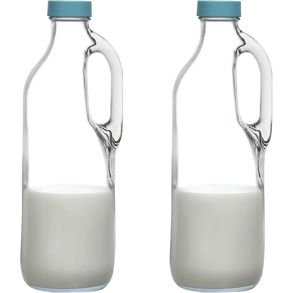 

2 Pc 47oz Clear Glass Pitchers with Handles and Lids - Airtight Refrigerator Water Juice Jugs for Kitchen