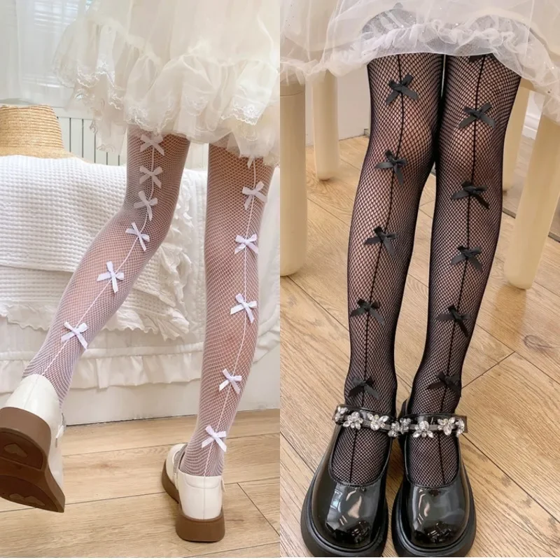 Cute Multiple Bow Tie Pantyhose Children's Fishnets Tight Parent-child Socks Ins Fashion Party Club Black White Hollow Stockings