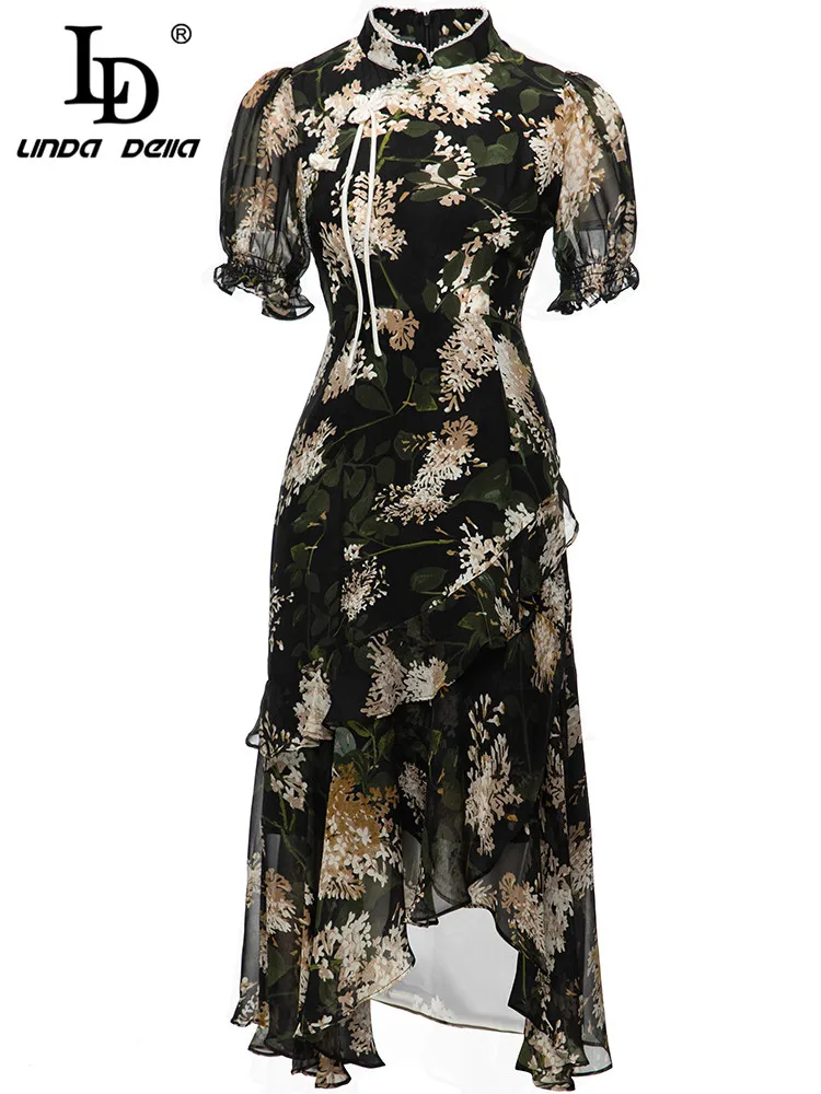 LD LINDA DELLA Fashion Designer Summer Dress Women's Short sleeve Ruffles Flower print Black Vintage Party Midi Dress