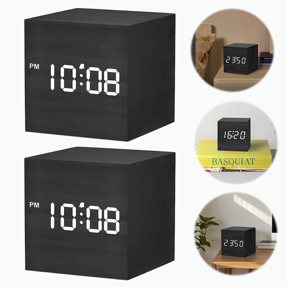 Wooden Digital Alarm Clock Voice Control Electronic Desktop Clock USB/Battery Powered Bedroom Table Clock for Office Room Decor