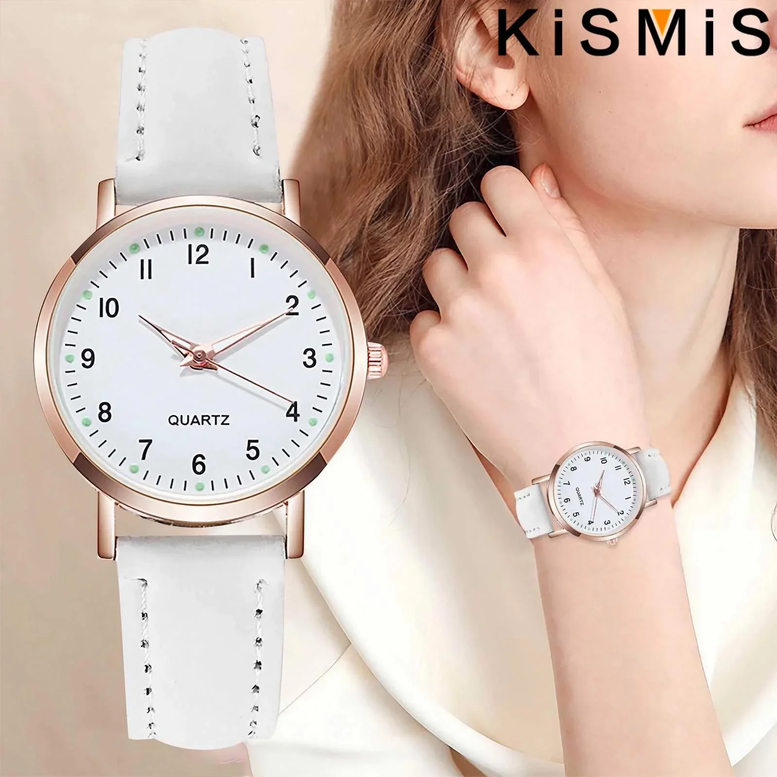 Casual Round Pointer Quartz Watch Luminous Analog Wristwatch PU Leather Strap for Women Girls Students