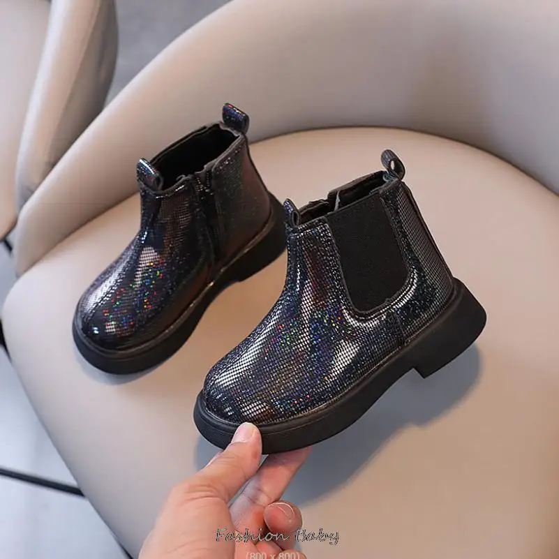 Size 21-30 Kids Autumn Winter Shoes Thick Bottom Waterproof Sequin Boots British Style Girls Toddler Short Boots Anti Slip Foot