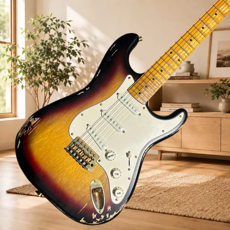 3-Tone Sunburst Make Old STSS Electric Guitar SSS Pickups Mahogany Body Vintage Hardware Blues Rock Free Shipping