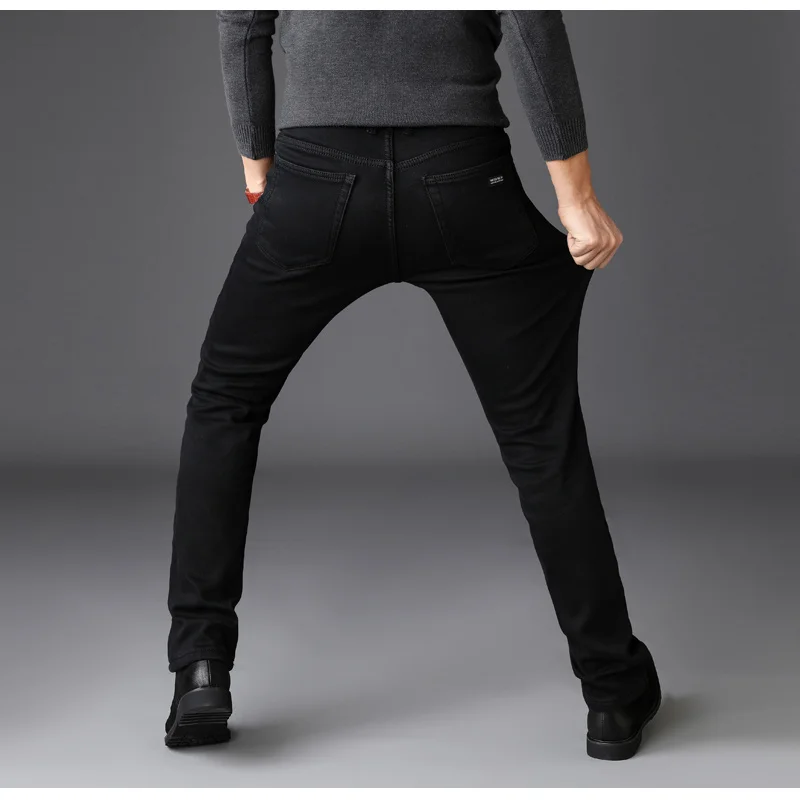 Men's Warm Velvet Winter Jeans, High-quality Pants, Elastic Pants, Slim Fit Pants, Black, Business Fashion, Thick Style, New