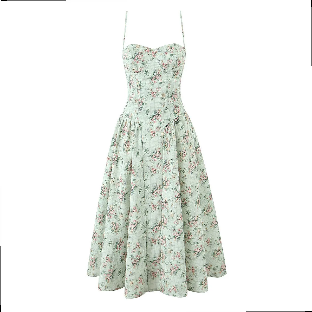 House French Vintage Green Floral Square Neck Steel Boned Waist Ruched Strap Dress Dresses