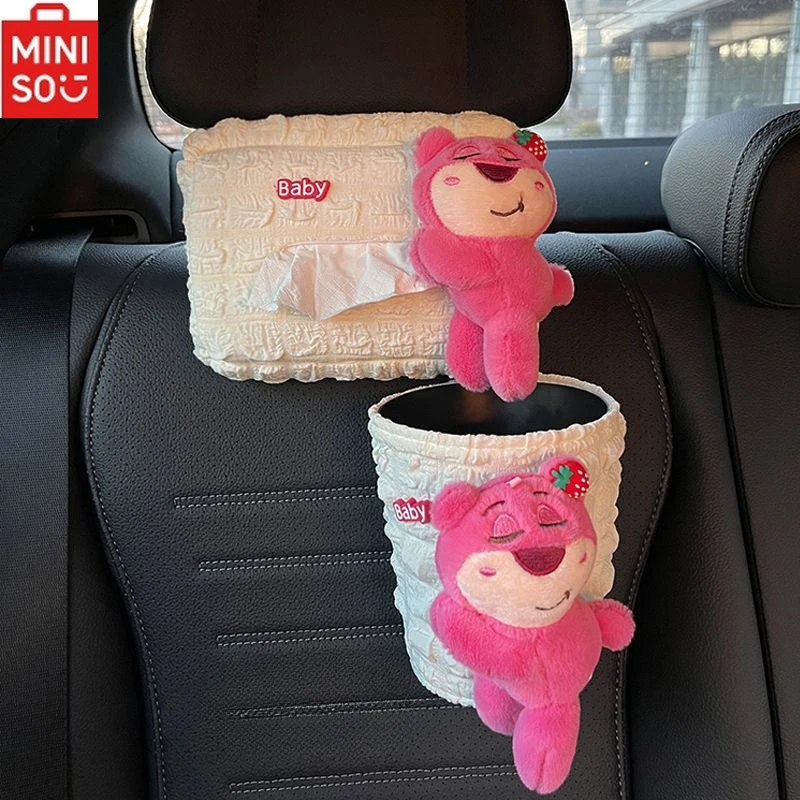 

MINISO Disney Strawberry Bear Car Trash Can Cute Plush Tissue Box Cartoon Strawberry Bear Adjustable Tissue Box Ornaments