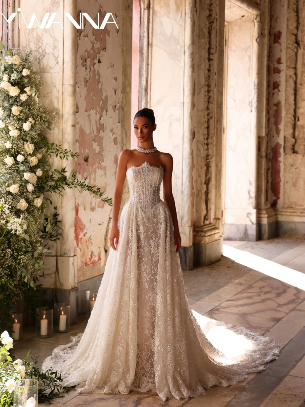 

Shimmering Embroidery Beaded Lace Wedding Dress Graceful A-line Long Bridal Gown Customized Dreamy Strapless Dresses For Bride
