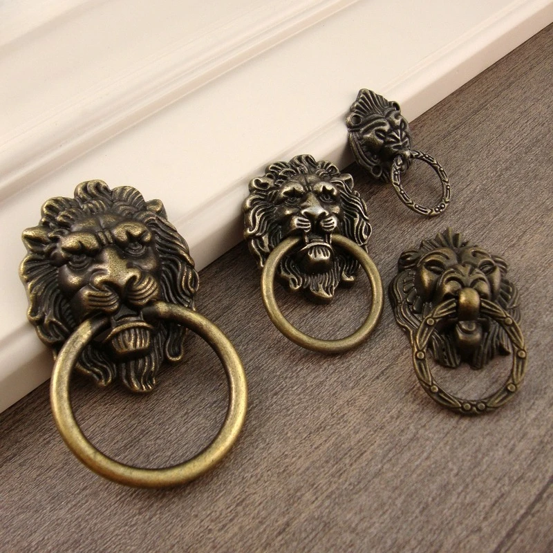 

New Lion Head Knob Antique Bronze Ring Handle Vintage Alloy Pull 42mm-90mm Decorative Hardware Door Cabinet Pulls Home Decor
