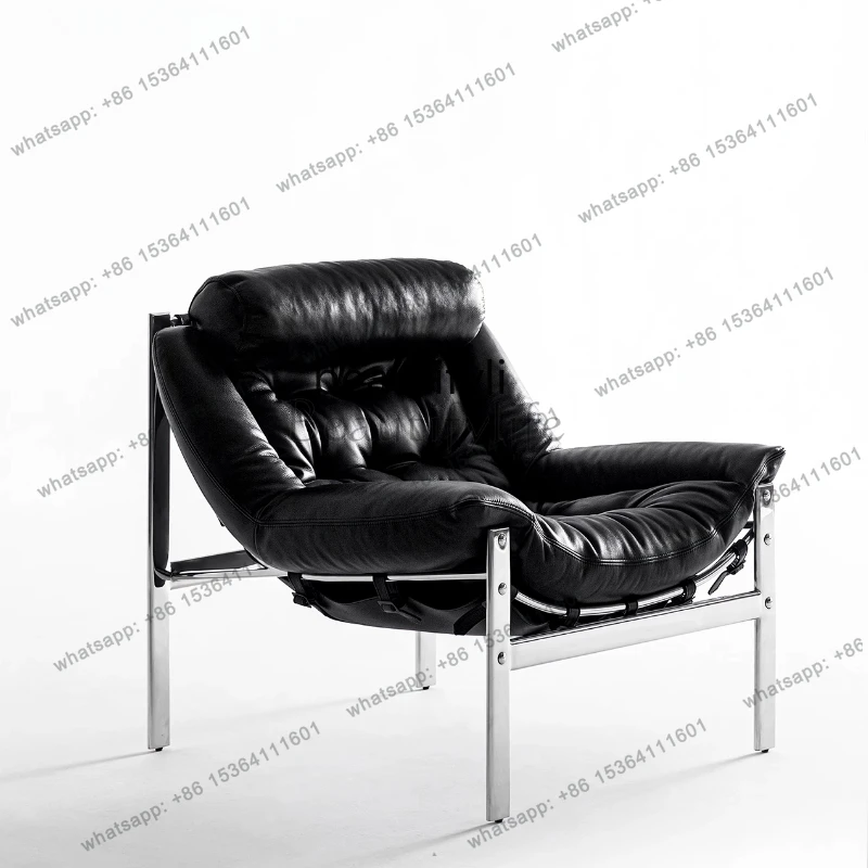 

Leather Stainless Steel Designer Leisure Chair Top Layer Cowhide Headrest Single Sofa Chair