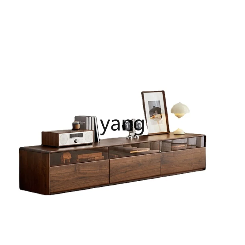 

Yjq Black Walnut Wooden Floor Cabinet Glass Modern Minimalist Living Room Side Cabinet