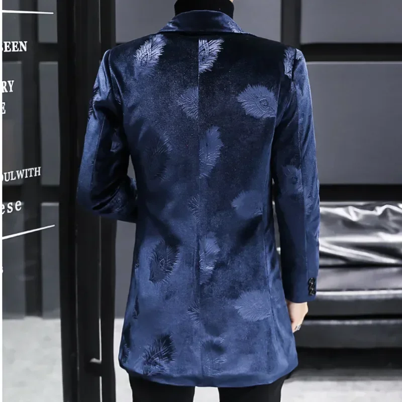 

Royal Blue Print Velvet Warm Coat Designer Men Winter Wool Blends Jacket Men Trendy Slim Fit Long Winter Jacket And Coat For Men